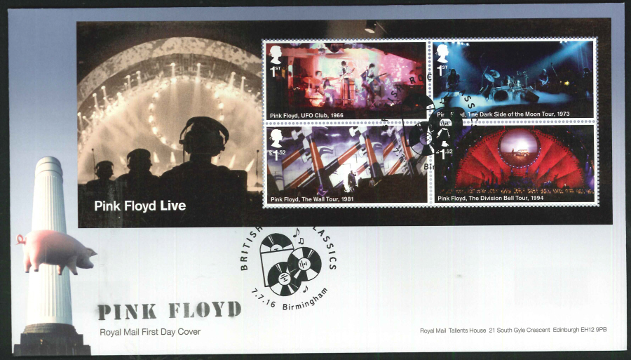 2016 - Pink Floyd, Minisheet First Day Cover, British Rock Classics, Birmingham Postmark